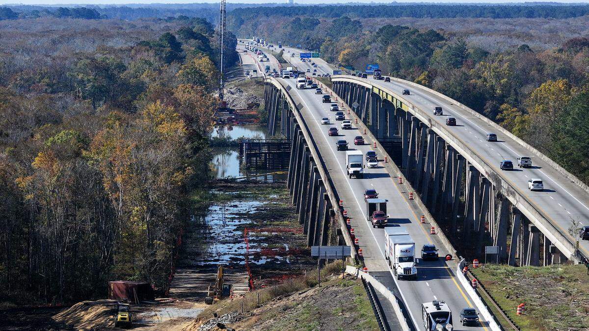 Work begins on the construction of a new northbound bridge as photographed here on Nov. 6, 2025, alongside of the existing Interstate 95 bridge that goes over the Savannah River, the border between Georgia and South Carolina. 