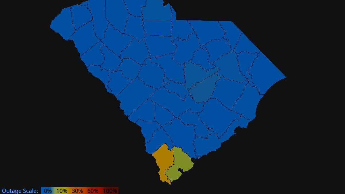 This map displays power outages in South Carolina as of 5 p.m. Wednesday, Aug. 30, caused by Tropical Storm Idalia.