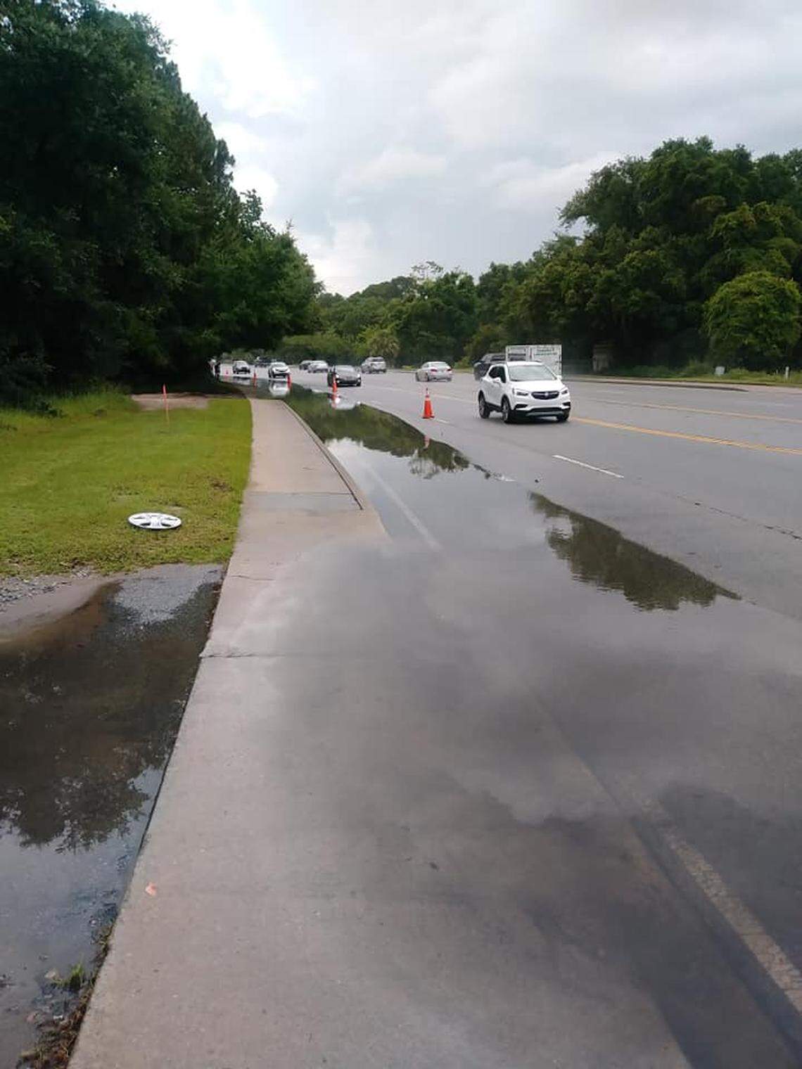 Heavy rains on Wednesday pooled on U.S. 278 on Hilton Head Island between Mathews Drive and Shelter Cove Lane. The right on-island lane was blocked by a Beaufort County Sheriff’s Office deputy directing traffic around the standing water, which backed up traffic for miles.