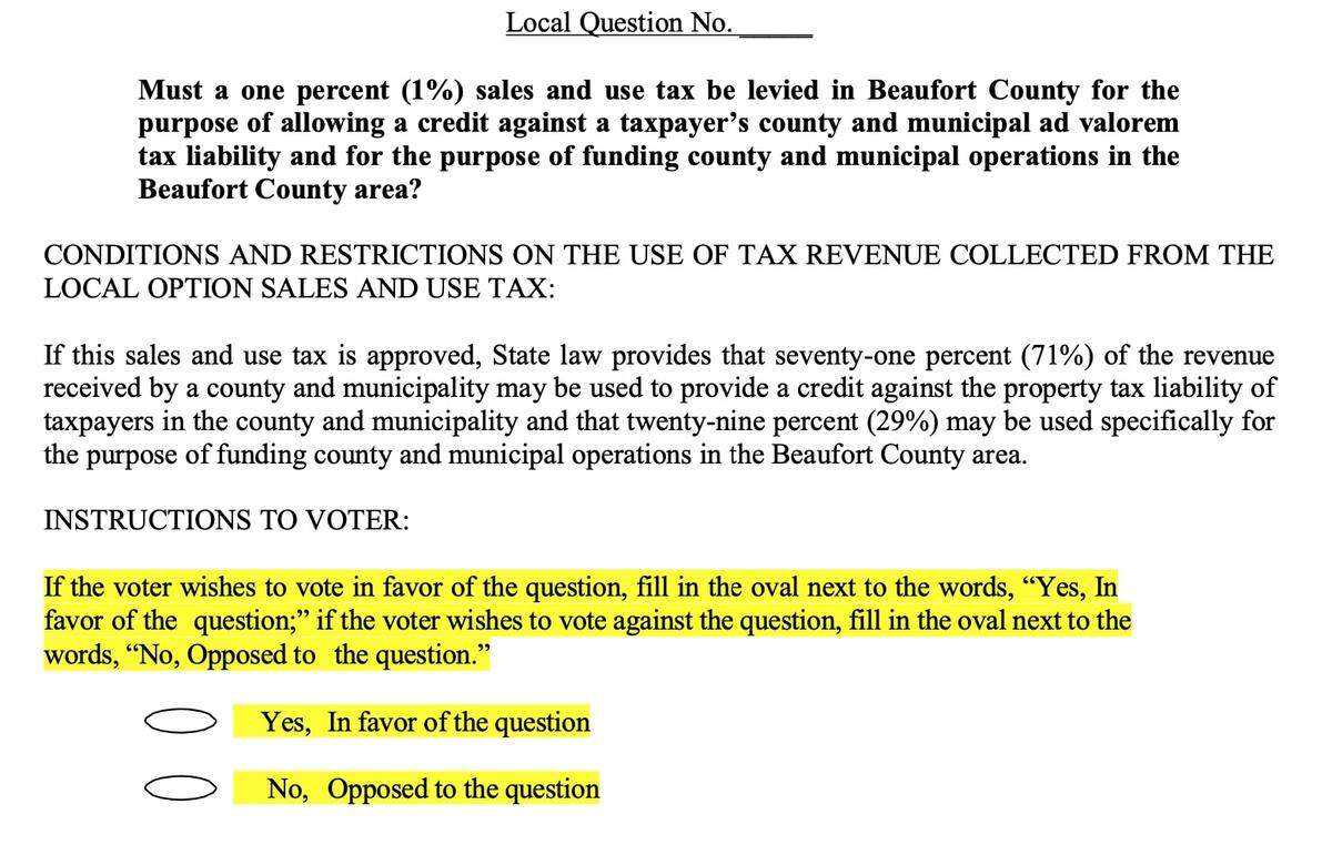 A screenshot of the proposed ballot question Beaufort County voters will be asked to answer on Nov. 2.