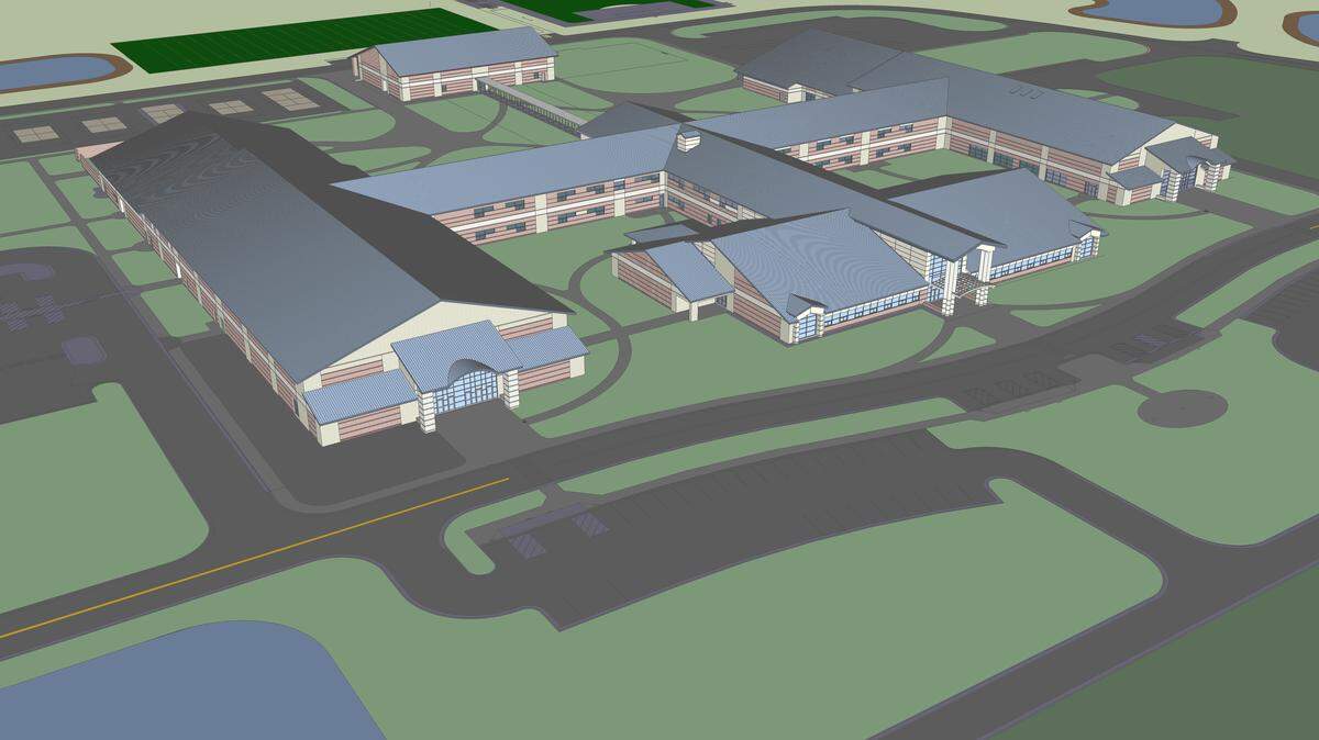 A bird's-eye rendering of the planned May River High School in Bluffton.