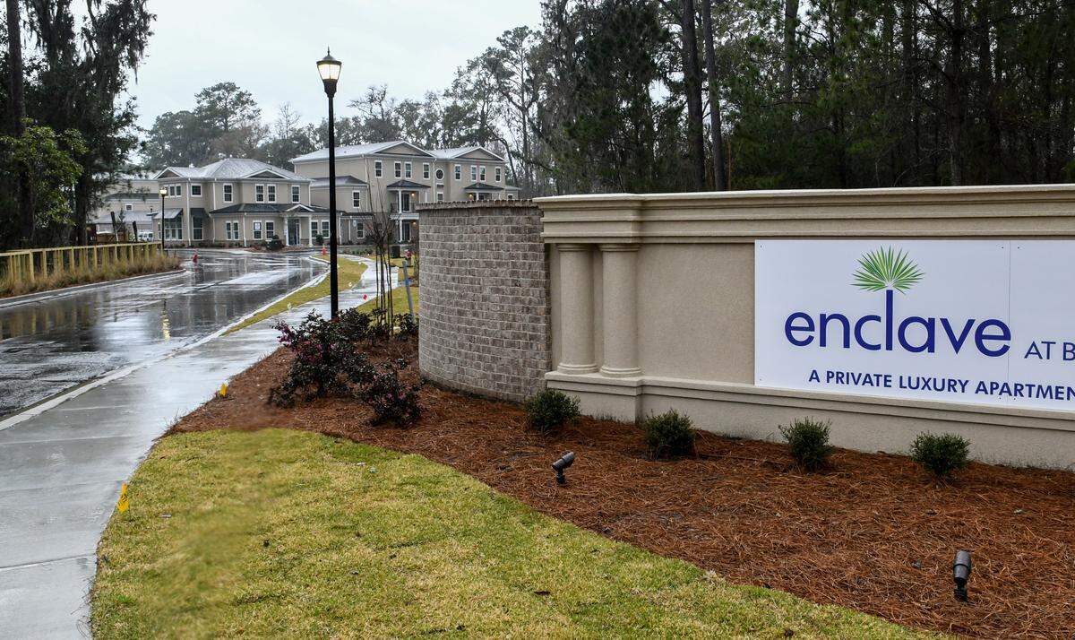 The entrance to Enclave at Bluffton Park, as seen on Tuesday, Feb. 18, 2020, is a new luxury apartment complex located off of Bluffton Parkway just east of Red Cedar Street in greater Bluffton.