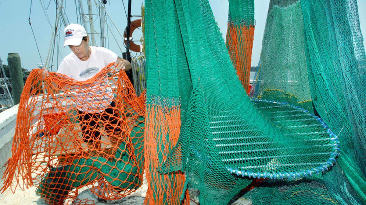 Tina Toomer of the Bluffton Oyster Co. shows off the brand new net and turtle excluder device installed on the shrimp boat Daddy's Girls on Wednesday. She said that in expectation of a possibly slow start to the season after the cold winter, the Toomer family was waiting for early reports of how plentiful shrimp are in local waters before gassing up the full-sized trawler and taking it out.