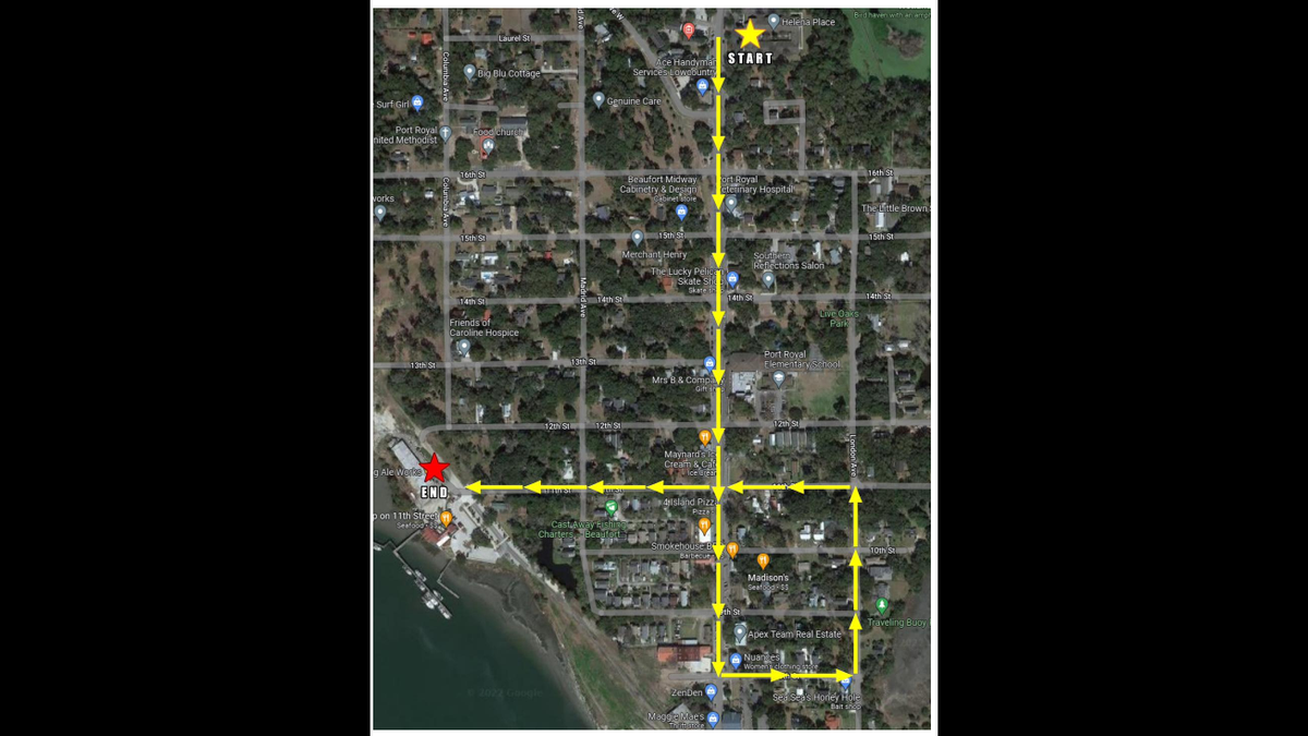 The route for the 2023 Christmas Golf Cart Parade in Port Royal. The parade is 6 p.m. Saturday. Carts must be at Helena Square at 1624 Paris Ave. no later than 5:30 p.m.