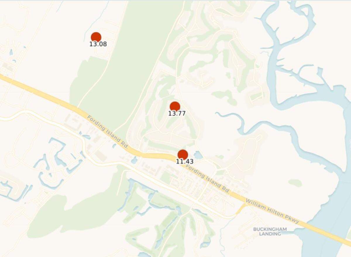 Tropical Storm Debby-driven rainfall totals in a portion of Bluffton, South Carolina, covering a 120-hour period that began early Sunday morning, Aug. 4, 2024, and lasted through Thursday, Aug. 8, 2024.