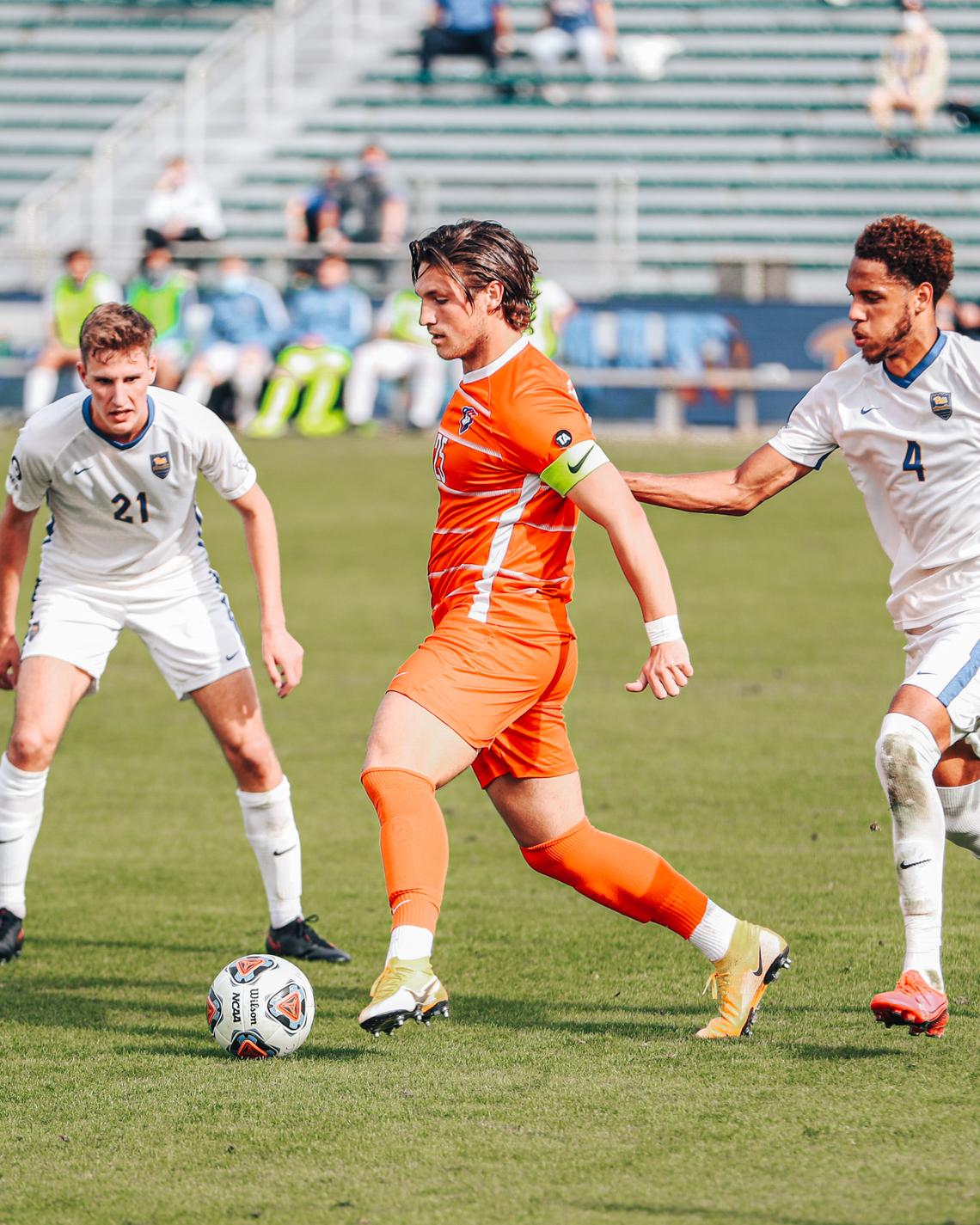 Clemson Men’s Soccer forward James Brighton (center) in the ACC championship game against Pittsburgh Nov. 22, 2020.