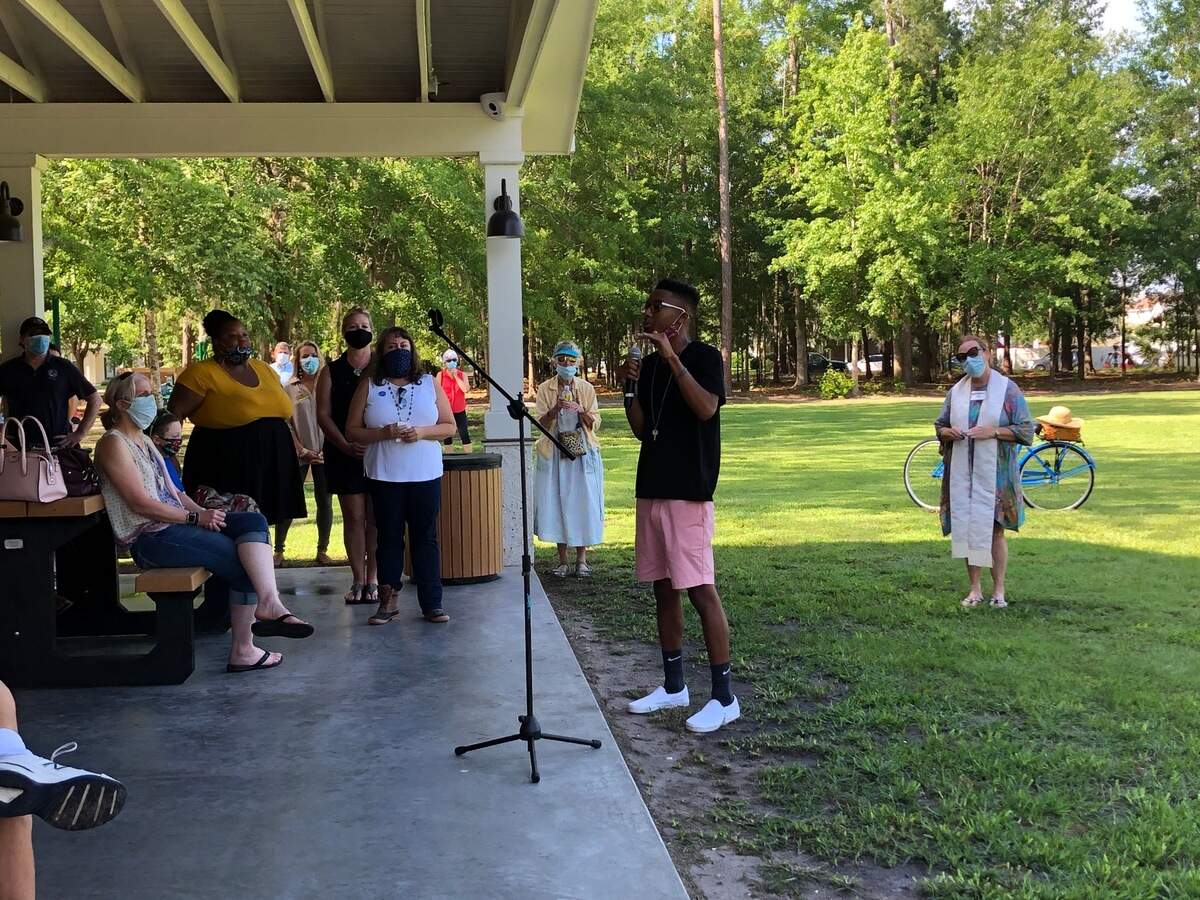 Walter Wheeler of Bluffton speaks at a George Floyd memorial at Oscar Frazier Park on June 9, 2020.