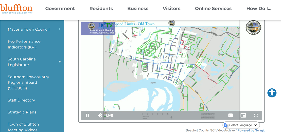 This map from the town outlines where golf carts would be allowed to operate in the town of Bluffton. All colored lines designate a street with a speed limit of 35 miles per hour or less.