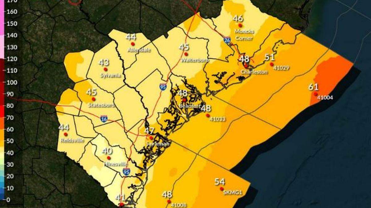Maximum wind gusts predicted for an incoming storm on Tuesday, Jan. 9, 2024.