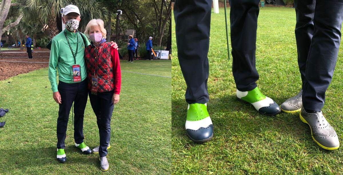 Near the second hole tee box, Sea Pines residents Dennis and Sharon Ryan were watching players tee off wearing shoes that were almost matching at RBC Heritage Presented by Boeing 2021.