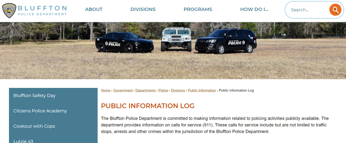 The Bluffton Police Department’s website now features public information on its officers responses to 911 calls, arrests, and crimes in the town.