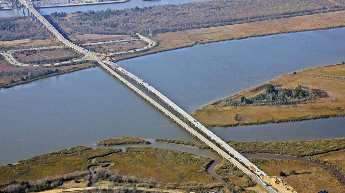 This picture, taken in December, shows the progress of the construction of the new Back River Bridge on U.S. 17 that will connect South Carolina, foreground, to Savannah, Georgia at the base of the Eugene Talmadge Bridge. The new bridge will replace the current 60-year-old structure, at left of new construction, and is expected to be finished by the end of the year.