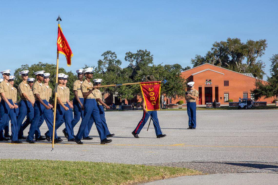 U.S. Marine Corps Pfc. Keldric D. White Jr., a native from Pensacola, Florida, graduates Marine Corps recruit training as the platoon honor graduate for platoon 3090, India Company, 3rd Recruit Training Battalion, at Marine Corps Recruit Depot Parris Island, on Oct. 24. Graduations continued at Parris Island even during the federal government shutdown.