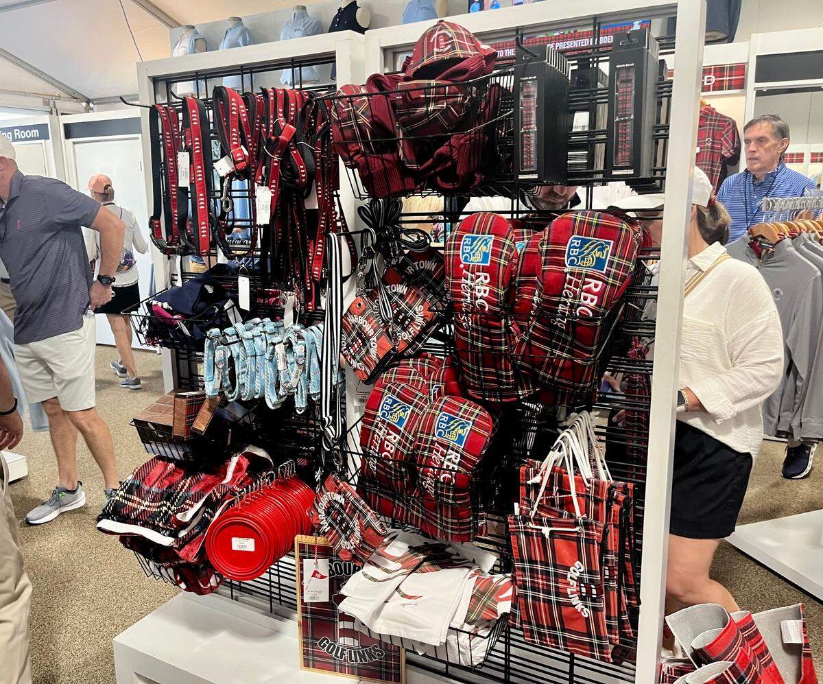 Dog leashes and other accessories for purchase in the RBC Heritage Golf Shop on Friday, April 18, 2025
