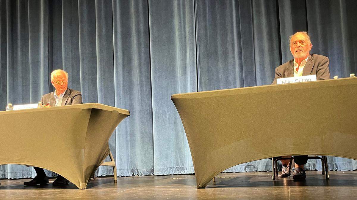 Phil Cromer, left, and Mike Sutton answered questions at a forum Monday at the USCB Performing Arts Center. Cromer and Sutton are running in a special election for Beaufort mayor.