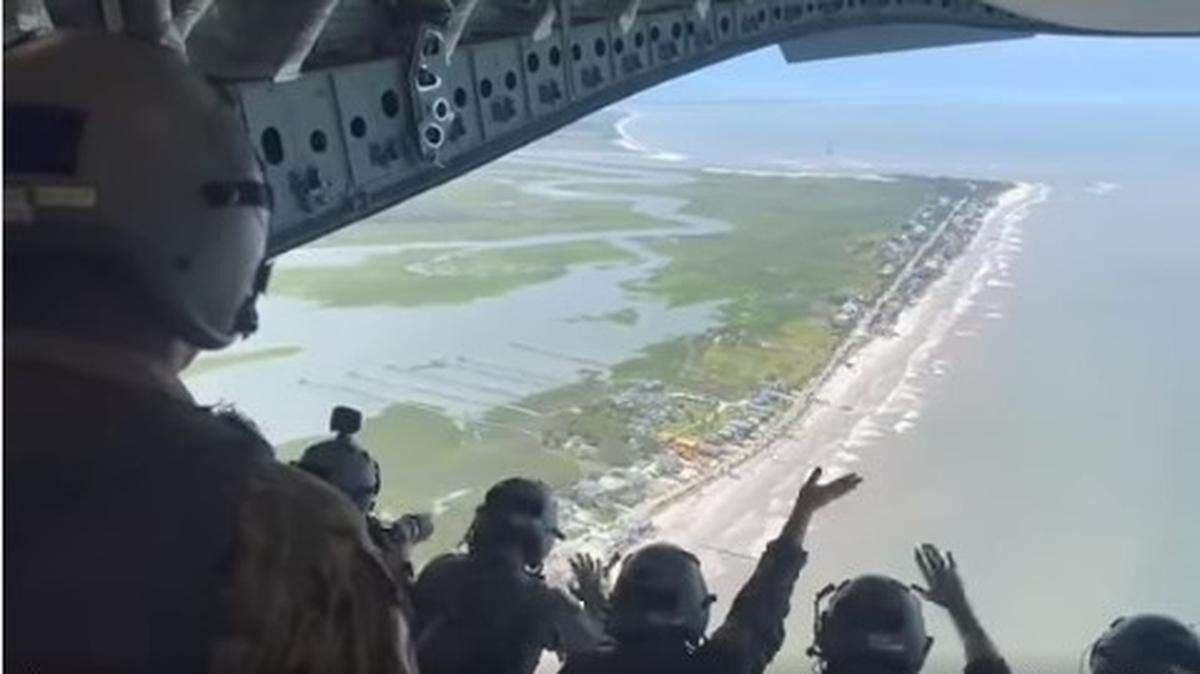 Members of the 315th Airlift Wing participate in the Salute from the Shore 2023 along South Carolina’s coast. The planes had to change their route south of Charleston because of weather. 