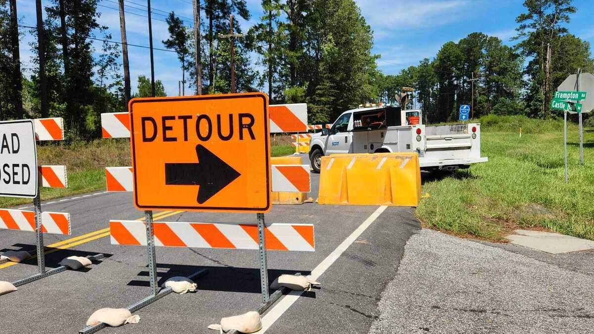 A detour at Frampton and Castle Hall roads due to a train derailment near Yemassee seen on Wednesday, Sept. 20, 2023.