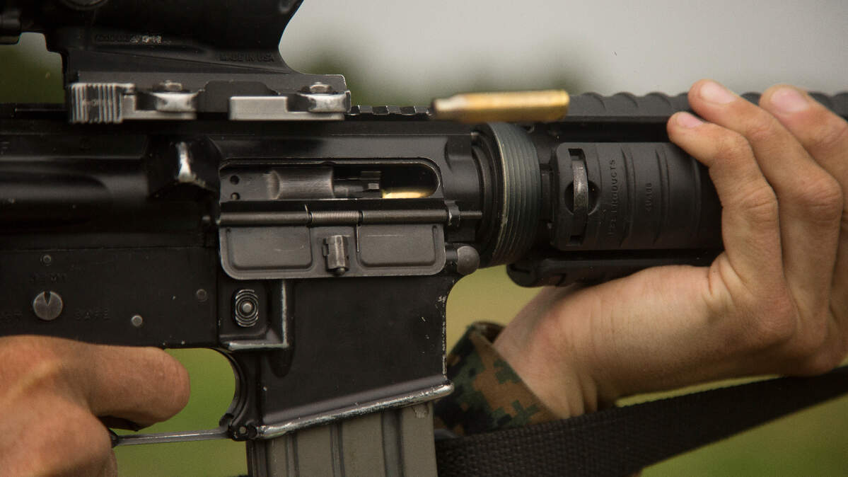 A U.S. Marine Corps trainee fires a M16A4 rifle on May 21, 2018, at Marine Corps Recruit Depot Parris Island, S.C.