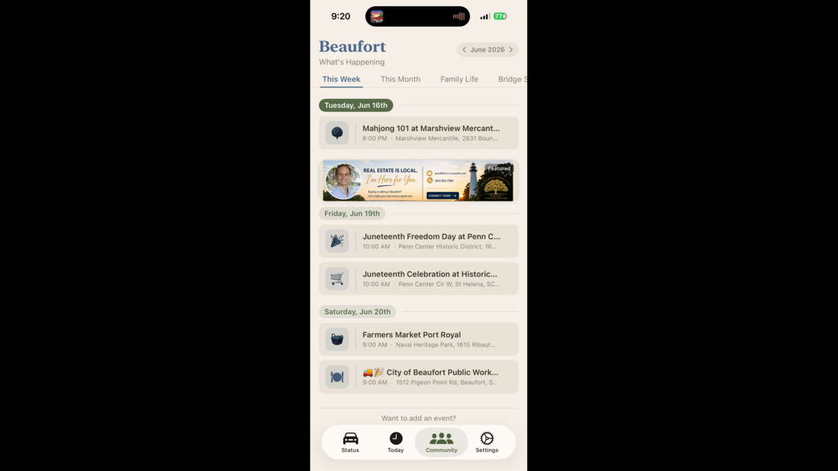 TheBridge APPS doesn’t just include information on when boats are passing through the Woods Memorial Bridge. It also includes other information like community events.