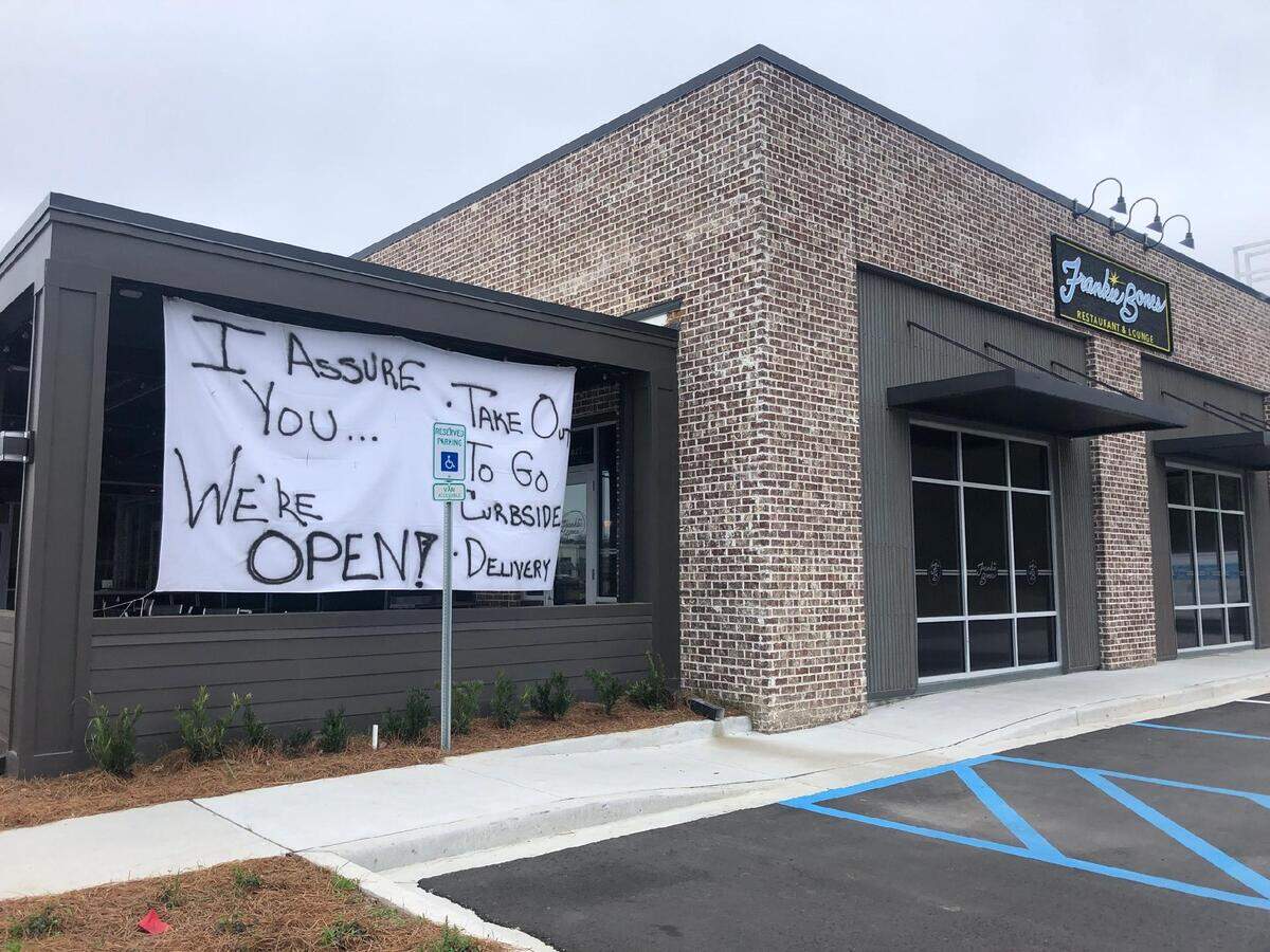 Frankie Bones restaurant off of Buckwalter Parkway in Bluffton, pictured here on March 22, 2020 displaying a sign advertising takeout, curbside pickup and delivery services after S.C. Gov. Henry McMaster closed dining rooms in response to the coronavirus outbreak.