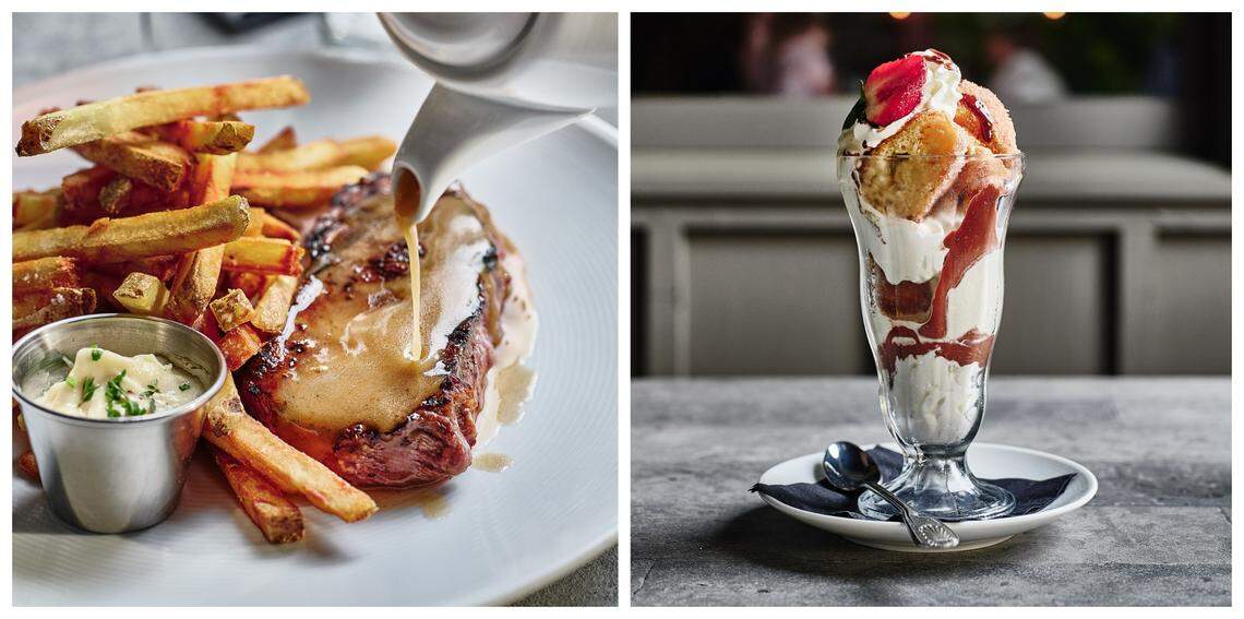 Steak frites and strawberry shortcake from Lucky Rooster Kitchen and Bar on Hilton Head.