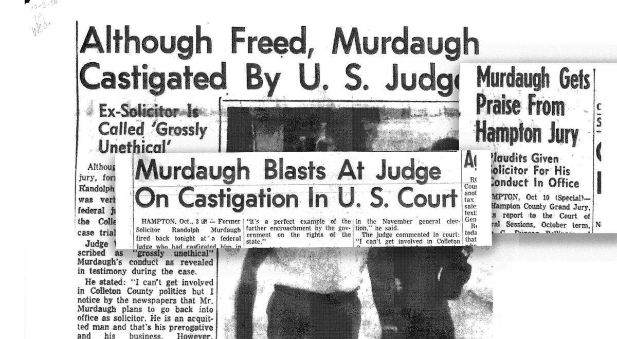 News clippings from The News and Courier from the 1956 Buster Murdaugh whiskey conspiracy case. Dates of articles, from left: Oct. 3, 1956, Oct. 4, 1956 and Oct. 11, 1956.