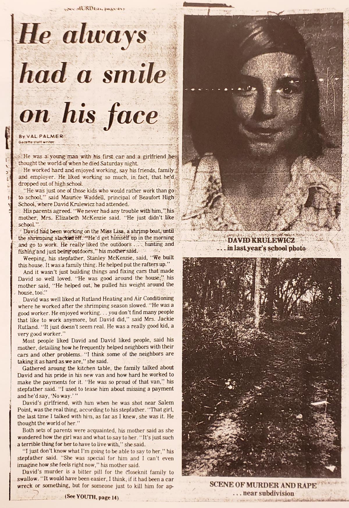 A Beaufort Gazette news clipping of the murder of David Krulewicz in which he was murdered and his 15-year old girlfriend was sexually assaulted.