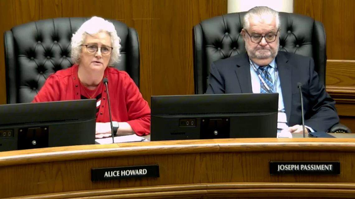 In this screen grab from the Beaufort County Channel, Alice Howard, left, speaks during the Beaufort County Council Oath of Office Ceremony on Jan. 2, 2025, after being elected chair, ousting Joseph Passiment, right, from the position he’d held since 2020.