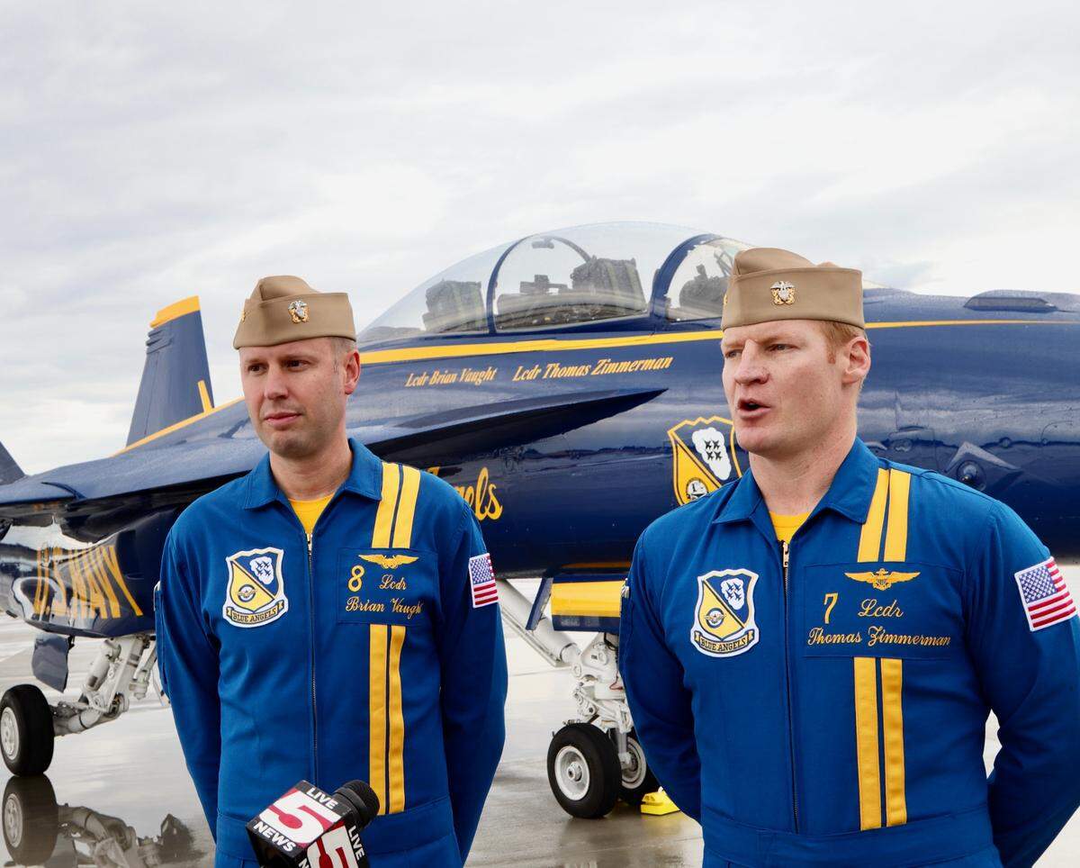 Lieutenant Commander Brian Vaught (left) and Lieutenant Commander Thomas Zimmerman visited the Marine Corps Air Station in Beaufort to prepare for the Blue Angels air show on April 22-23, 2023.