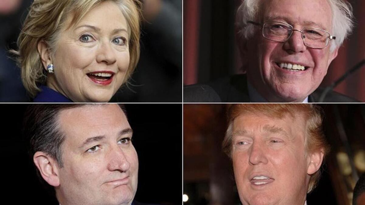Clockwise from top left: Hillary Clinton, Bernie Sanders, Donald Trump and Ted Cruz.