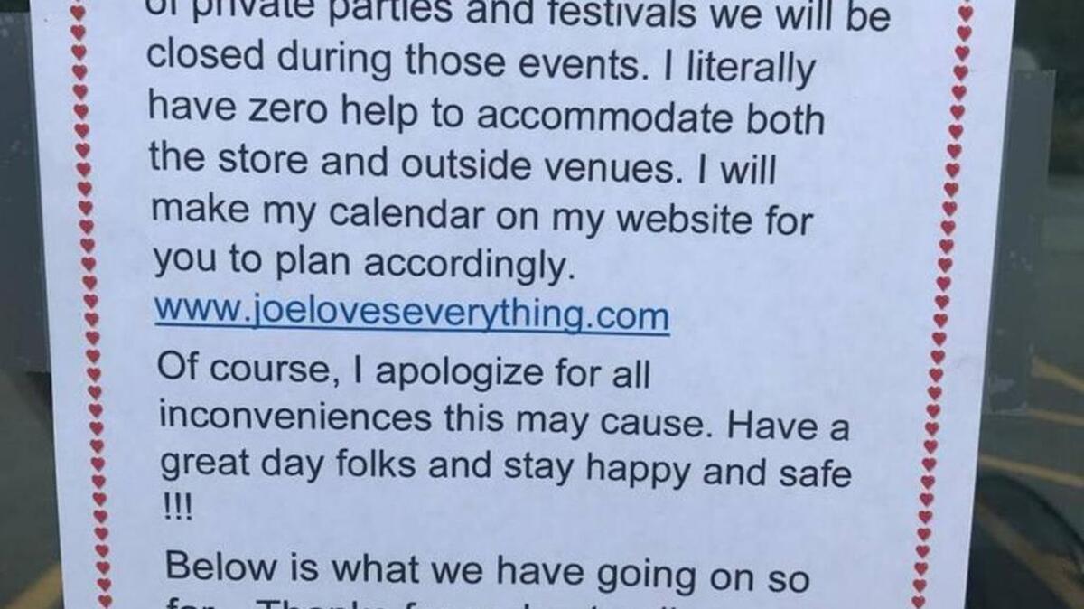 A sign announcing that Joe Loves Lobster Rolls will be closed more than usual during October hung on the restaurant’s door last month.