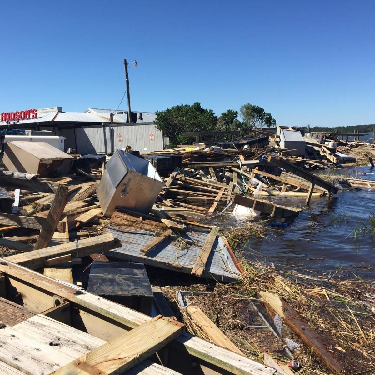 Damage sustained at Hudson’s Seafood House on the Docks from Hurricane Matthew.