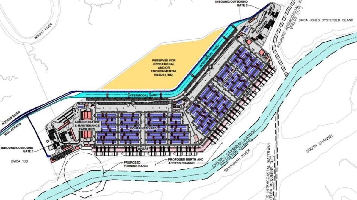 A conceptual drawing from U.S. Army Corps of Engineers documents shows the potential layout of the Jasper Ocean Terminal. The Corps is hosting a public meeting plans for the port Tuesday evening in Hardeeville.