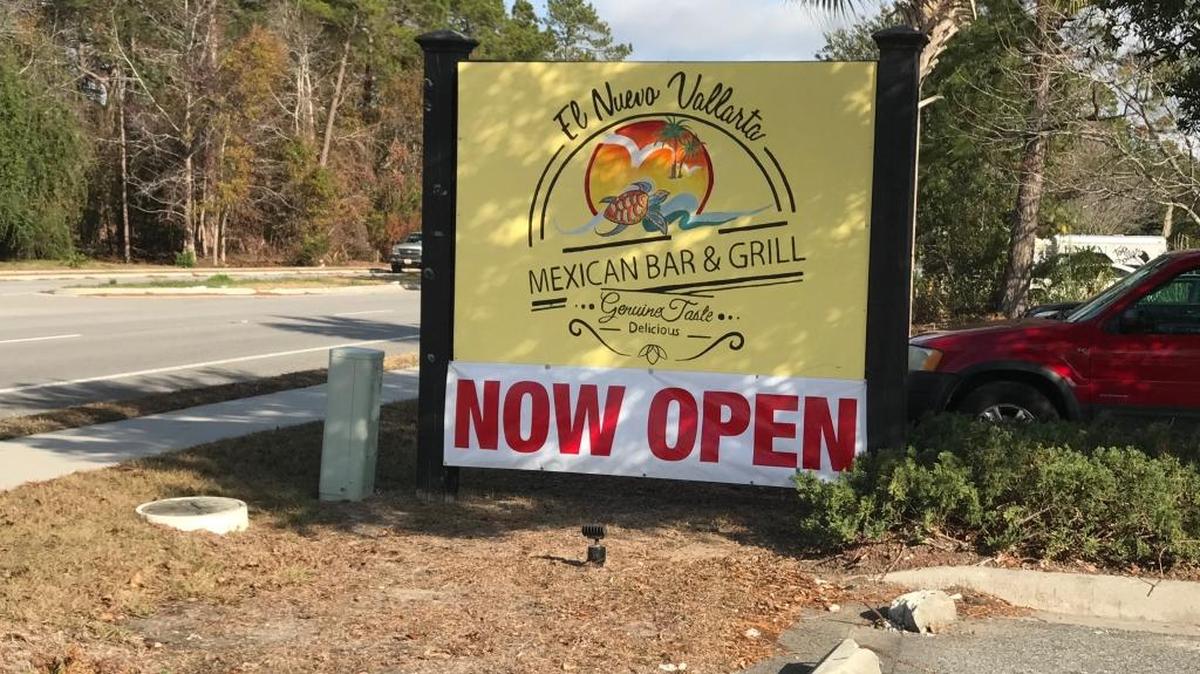 A banner on the new sign for El Nuevo Vallarta Mexican Bar & Grill at 16 Kitties Landing Rd. reads “Now Open.”