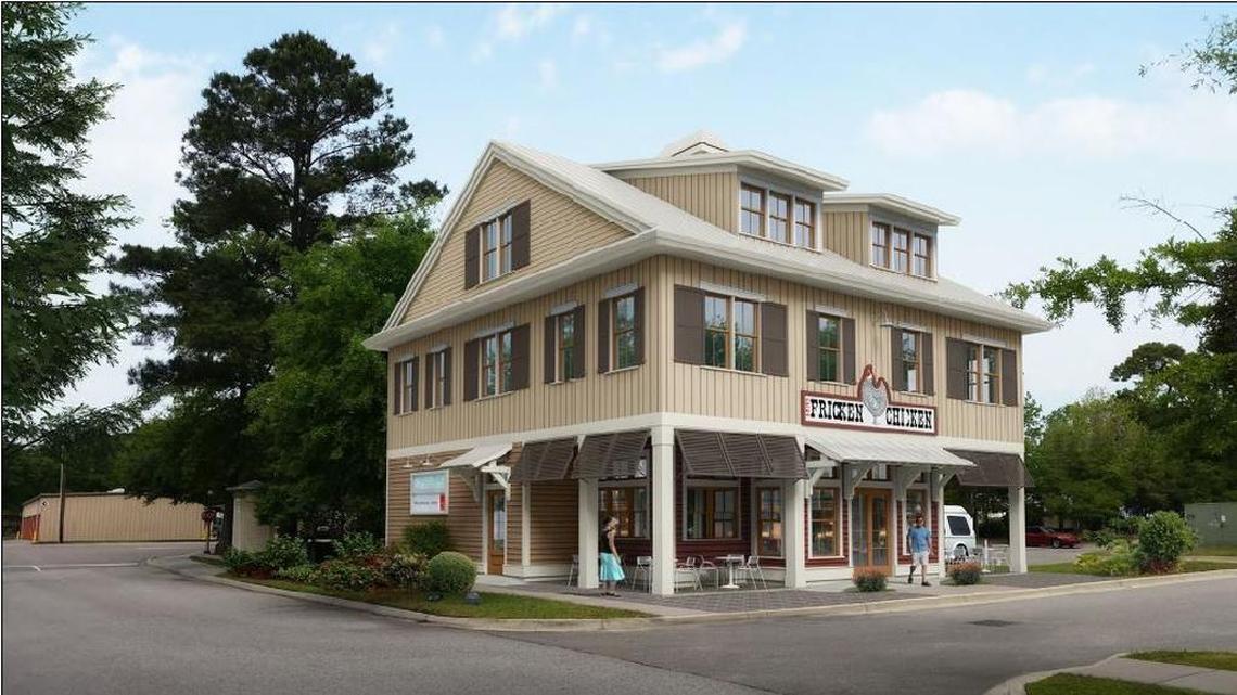 A rendering of the building that was approved for construction in the Bluffton Village at the Planning Commission meeting Aug. 24. Signage for proposed tenant, Andes Fricken Chicken, can be seen in the rendering.