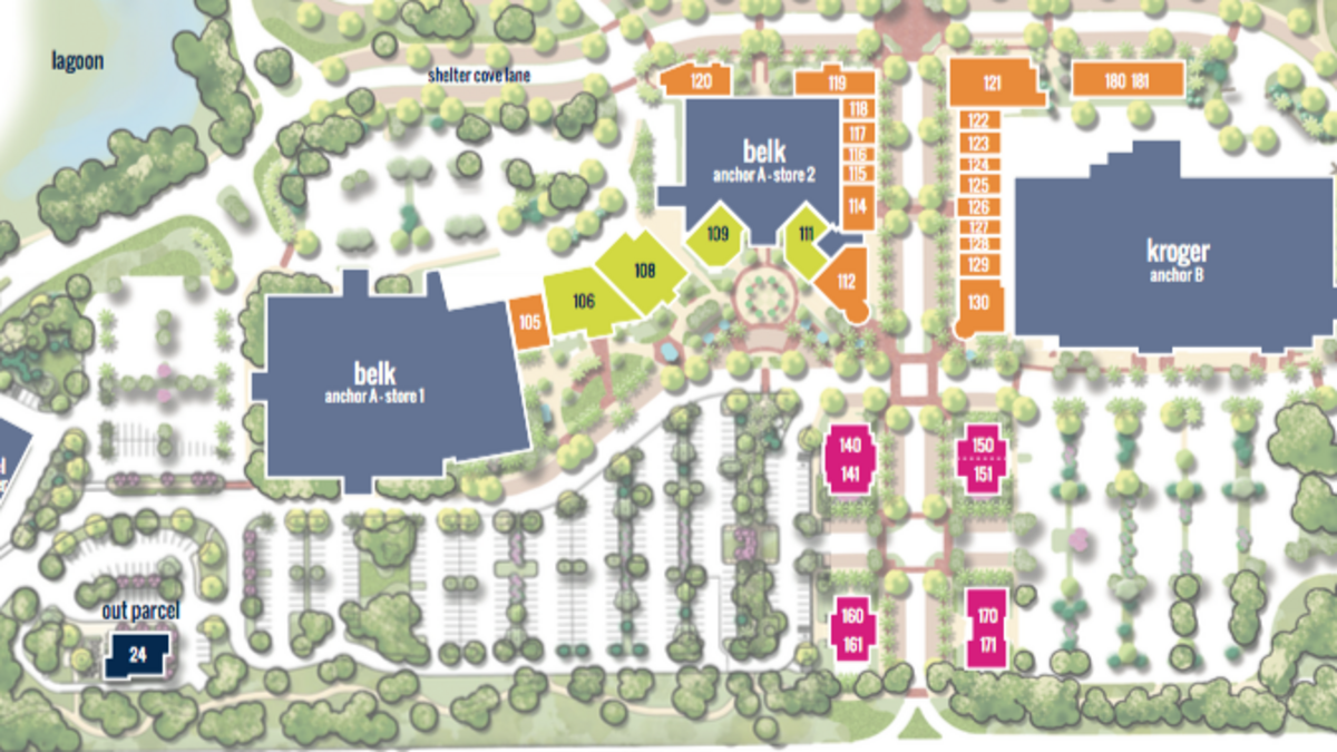 This map of Shelter Cove Towne Centre shows the layout of current and planned tenants in the Hilton Head Island development. Three new tenants are heading to the shopping center this year: clothing retailer Birdie James will be in Suite 111, hot-dog franchise Charlie Graingers will be in Suite 180 and restaurant Jane’s Bistro will be in Suite 109.