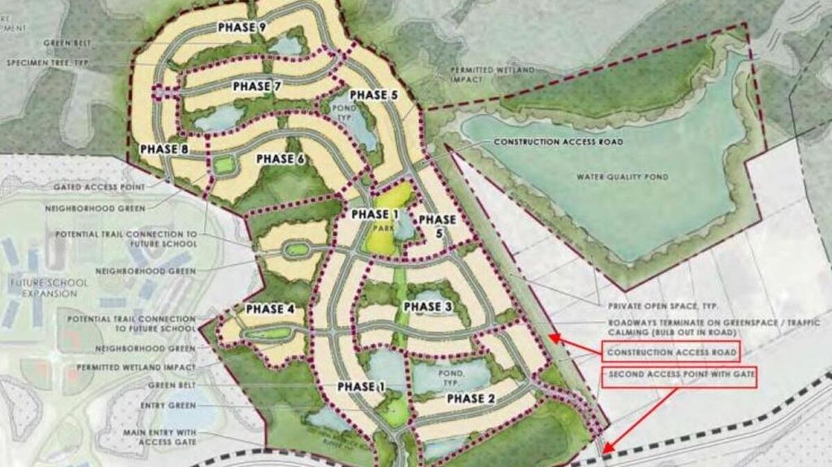 This map, included in Town of Bluffton documents, shows the location and construction phasing for a proposed 365-home neighborhood adjacent to May River High School.