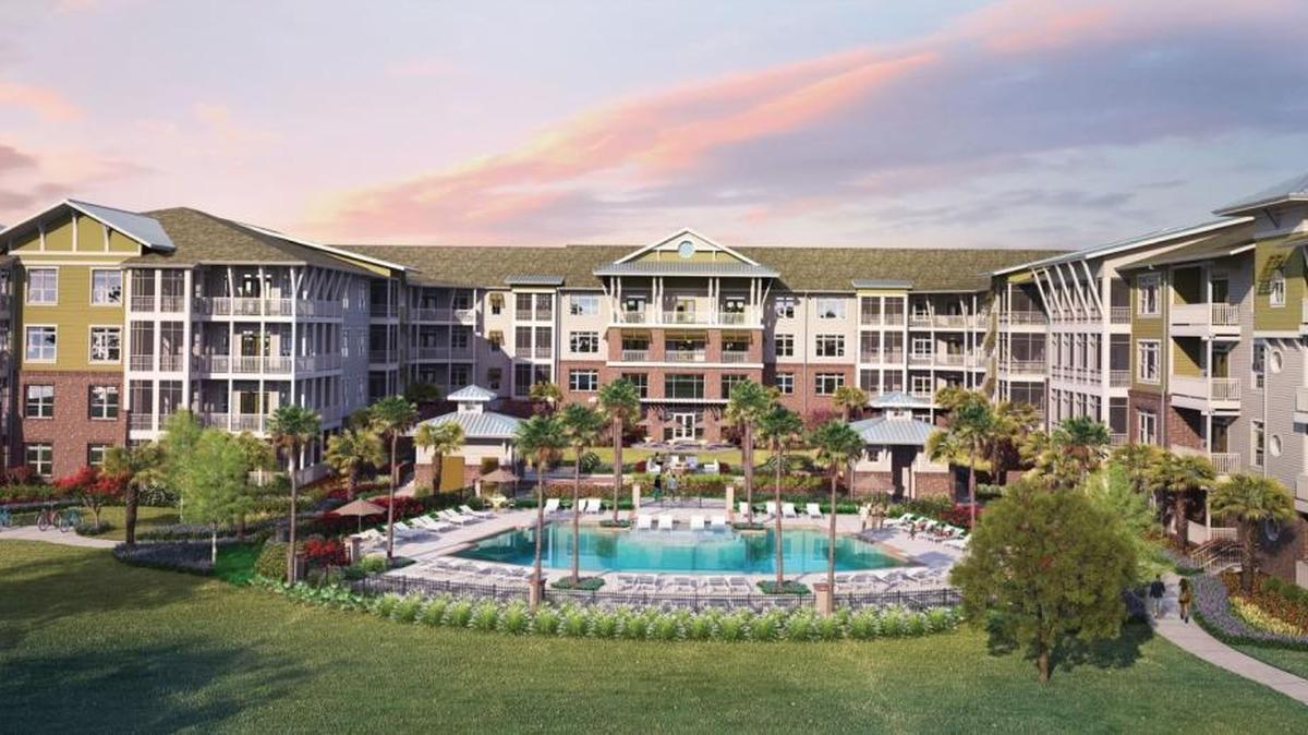 The Shelter Cove Towne Centre apartment complex will feature 240 luxury, one- to three-bedroom flats. Architectural designs show the proposed look for the four-story East 2 building, which will sit north of Veterans Memorial Park.