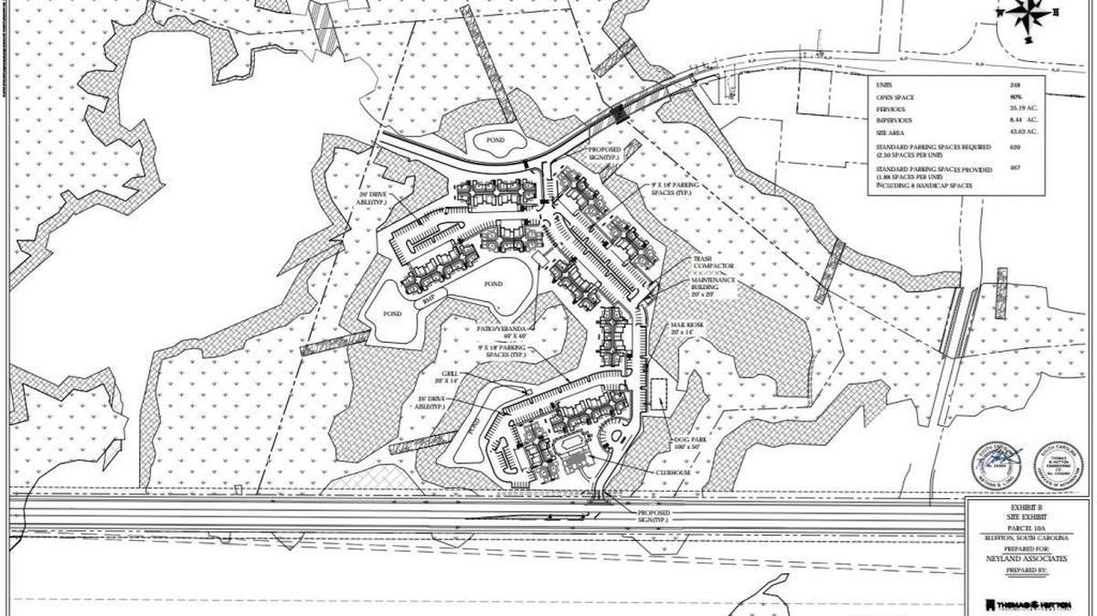 This site plan shows the preliminary layout of the planned Mystic Bluff apartment community.
