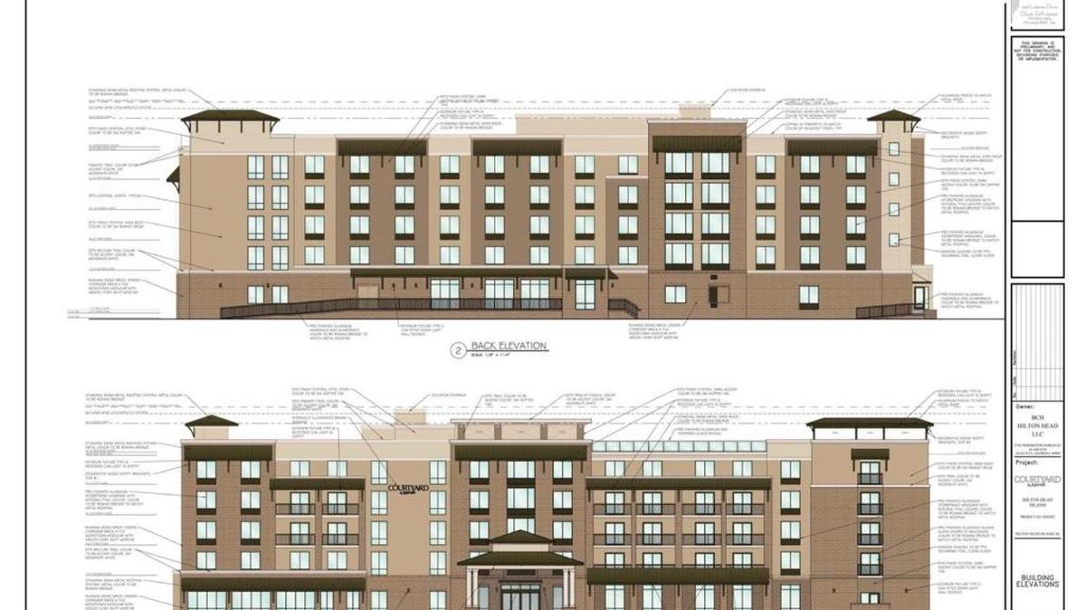This rendering from December 2016 shows the design plan for the Marriott Courtyard hotel development in the Heritage Plaza. The design was approved in 2016, and on Tuesday, the lighting plan for the building was approved. The next step is a design plan review and acquiring building permits. Construction is set to begin on Oct. 15, 2017.