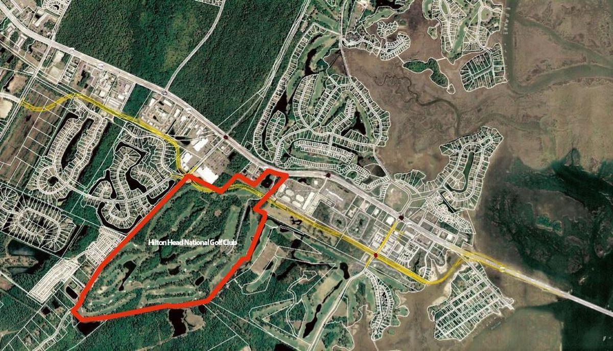 The Hilton Head National Golf Club property, outlined in red, is a roughly 300-acre tract in greater Bluffton just south of U.S. 278.