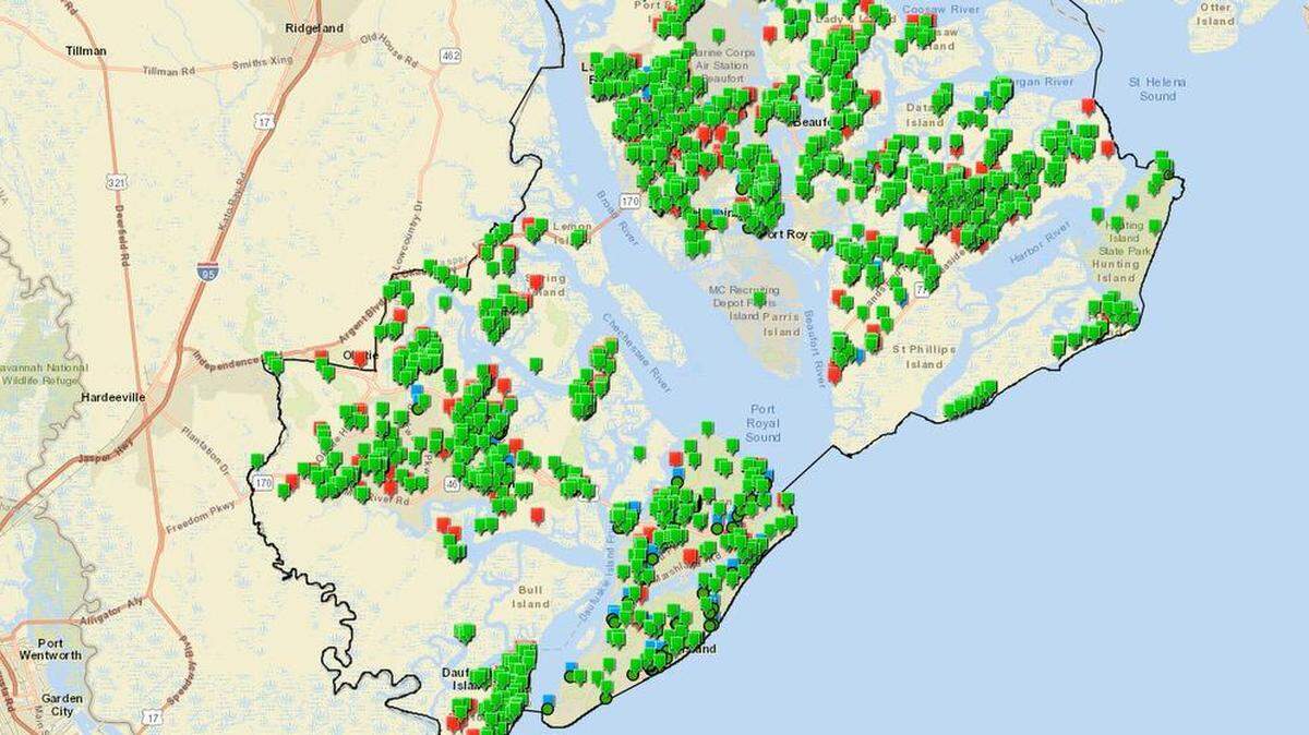 Screengrab from the Beaufort County Treasurer's Office 2016 delinquent parcels map.