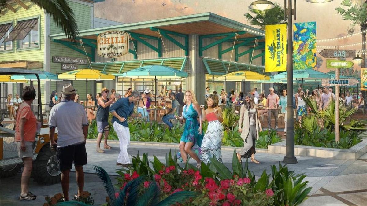An artists rendering depicts the restaurant and town center concept planned for Latitude Margaritaville.