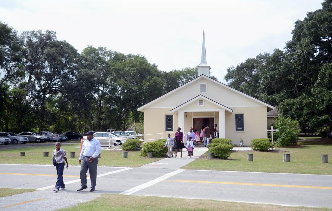 In this file photo, the congregation leaves St. James Baptist Church located at the corner of Beach City and Dillon Road. The church is under the flight path of Hilton Head Island Airport.