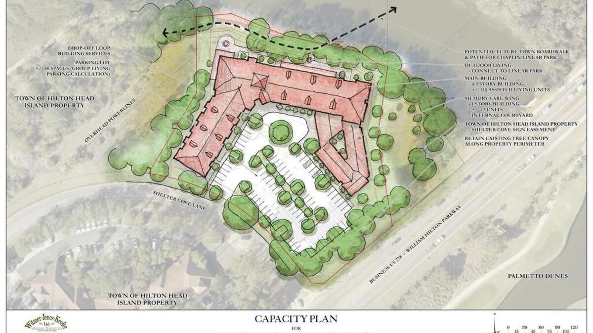 A preliminary site plan for the assisted living facility on Shelter Cove Lane and U.S. 278 on Hilton Head Island.