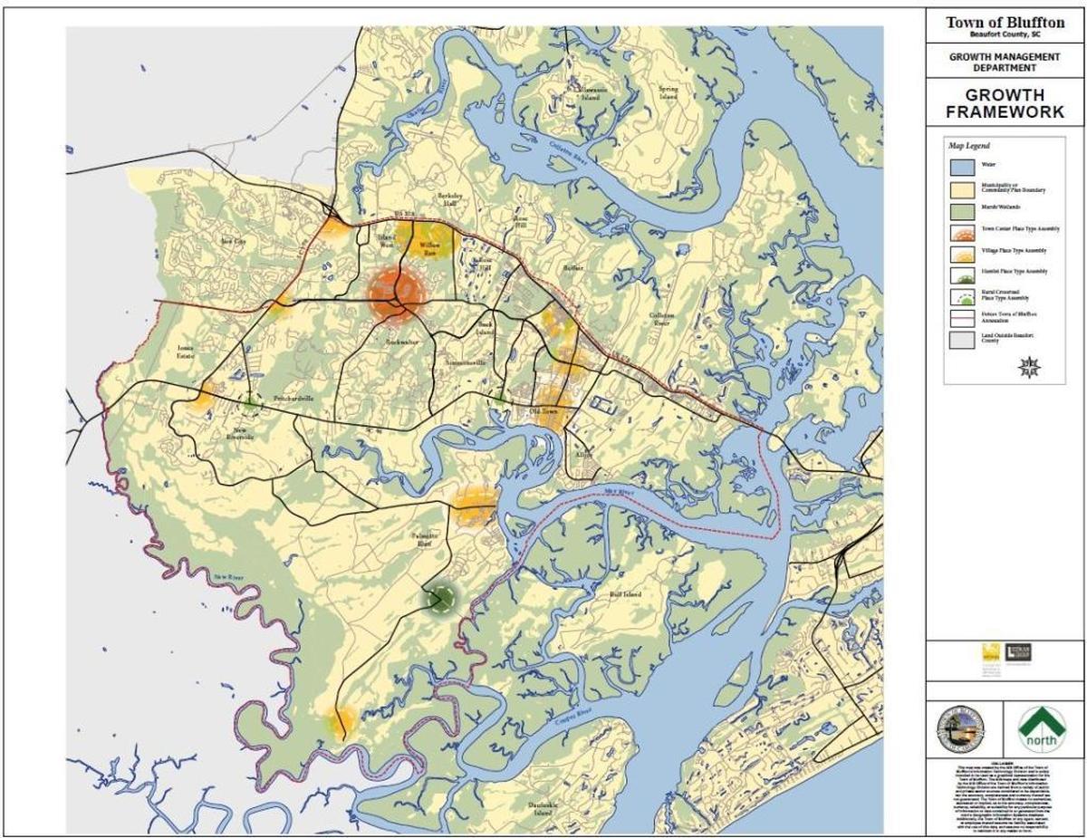 Bluffton planners have identified areas within the town that are well-suit for growth. The large orange circle near the center of this growth framework map shows the Buckwalter Place area.