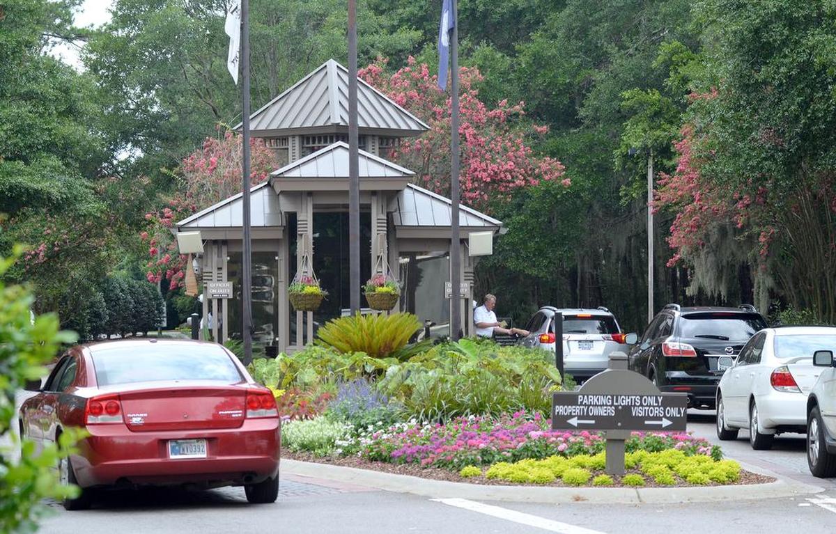 Cars enter Sea Pines at the community’s main gate on Greenwood Drive in 2017.