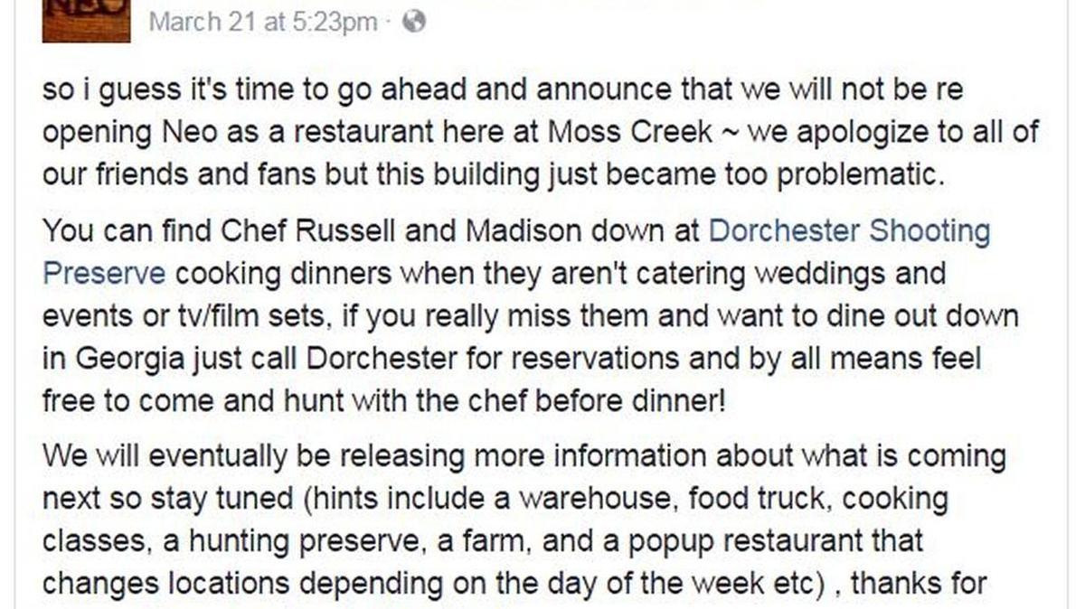 Neo Farm to Table Restaurant and Bakery announced on Facebook March 21 the restaurant in Bluffton would not reopen, but the owners would continue their business by catering events.