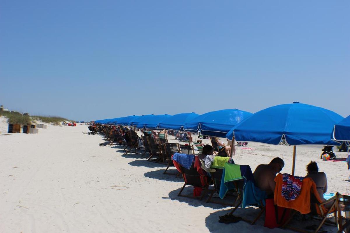Blue beach umbrellas on Hilton Head Island. 