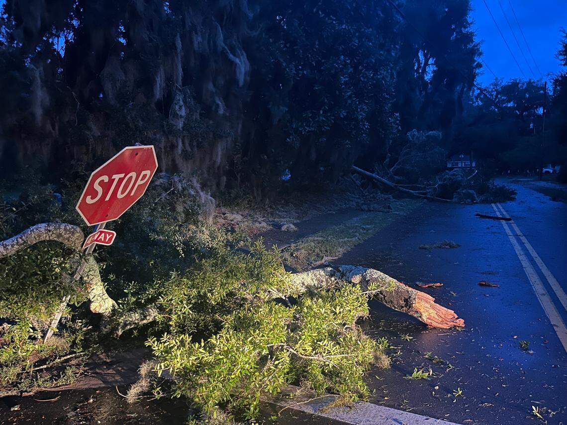 Hurricane Helene’s winds shattered a tree and stop sign in Port Royal Friday morning. The storm left thousands of Beaufort County residents without power and the roadways strewn with branches and other debris.